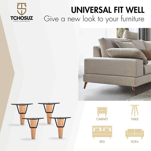 TCHOSUZ 5 Inch 13 cm Set 4 / Wooden Furniture Legs, of Solid Wood Mid-Century Modern Metal Triangle Top Plate