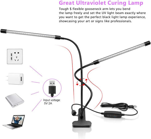 YGS-Tech 20W LED Black Light Dual Head, USB Powered Gooseneck Lamp for Blacklight Party, Stage Lighting, Glow in The