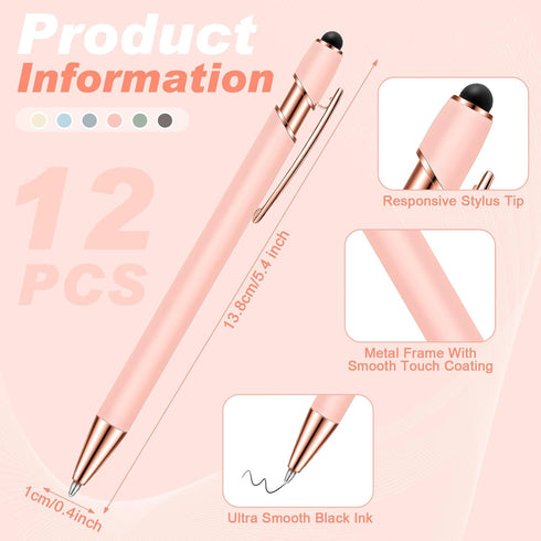 Tenare 12 Pieces Ballpoint Pen with Stylus Tip, 1.0 mm Black Ink Metal Pen Stylus Pen for Touch Screens, 2 in 1 Stylus Ballpoint Pen (Morandi Color) by Tenare