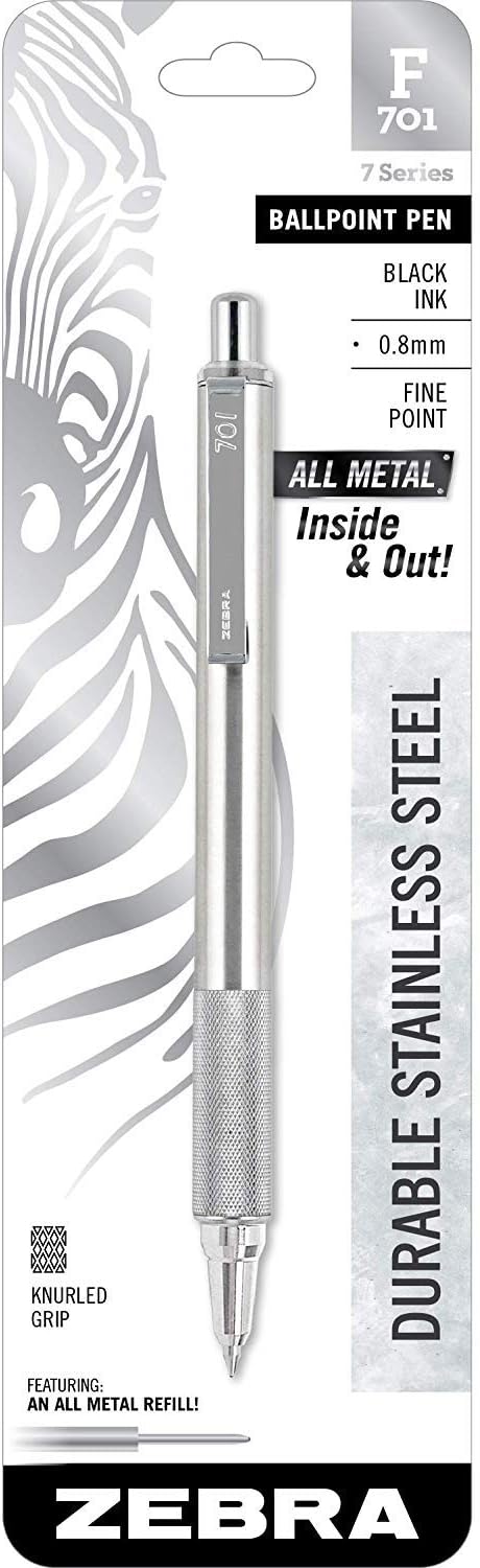 Zebra 29411 F-701 Ballpoint Stainless Steel Retractable Pen, Fine Point, Black Ink, 4 Pack