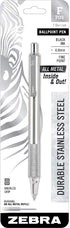 Zebra 29411 F-701 Ballpoint Stainless Steel Retractable Pen, Fine Point, Black Ink, 4 Pack