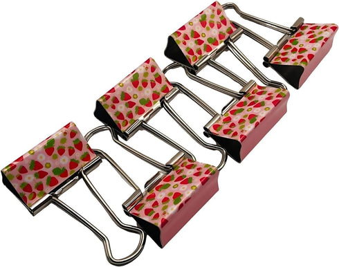 Fun Strawberry Print Binder Clips - 1 1/4"" Size, Set of 6, Red, Pink, Silver