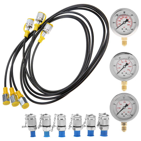 Hydraulic Pressure Test Kit with 6 Couplings, 3 Hoses and 3 Pressure Gauges 25/40/60Mpa for Excavator Machinery