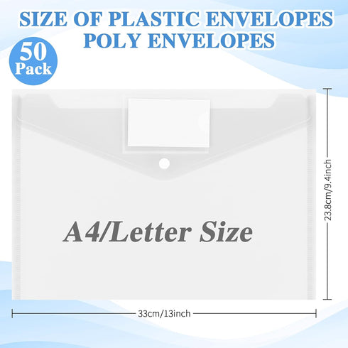Yeaqee 50 Pcs Poly Envelopes, Clear File Folders with Snap Button Closure, US Letter A4 Size, Label Pocket