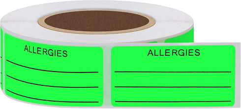 Hybsk Allergies Sticker, Fluorescent Green Allergy Stickers, 1"x2", 500 Per Roll