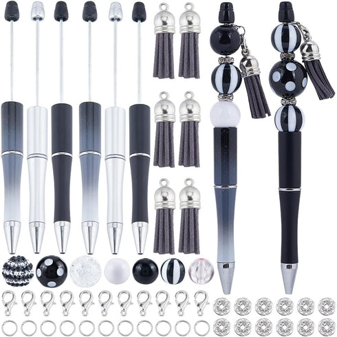 SUNNYCLUE DIY 12 Sets Beadable Pen Kit with Black White Acrylic Beads, Rhinestone Bubblegum Beads