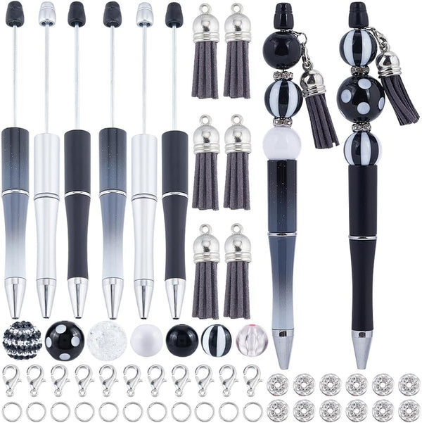 SUNNYCLUE DIY 12 Sets Beadable Pen Kit with Black White Acrylic Beads, Rhinestone Bubblegum Beads
