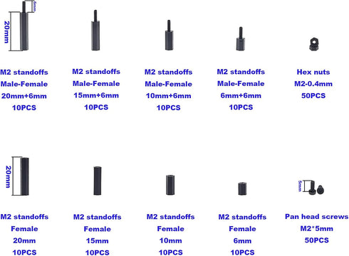 M2 Nylon Hex Male-Female Spacer Standoffs Screw Nut Assortment Kit - Black