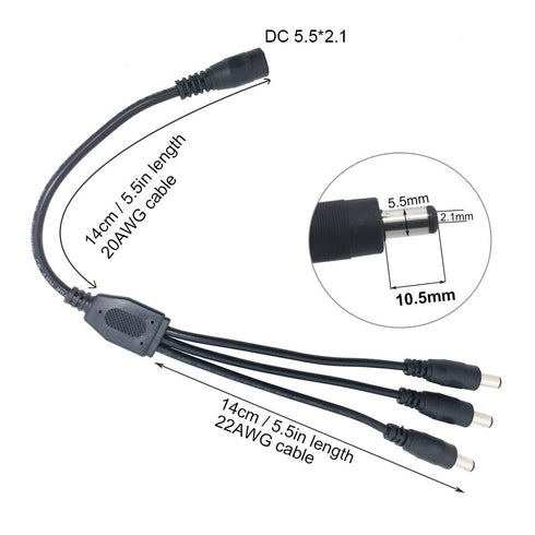 Litever Power Splitter, Black, 3 Way Y Adaptor, 1 Female Jack to 3 Male Plugs for CCTV Camera & LED Strip