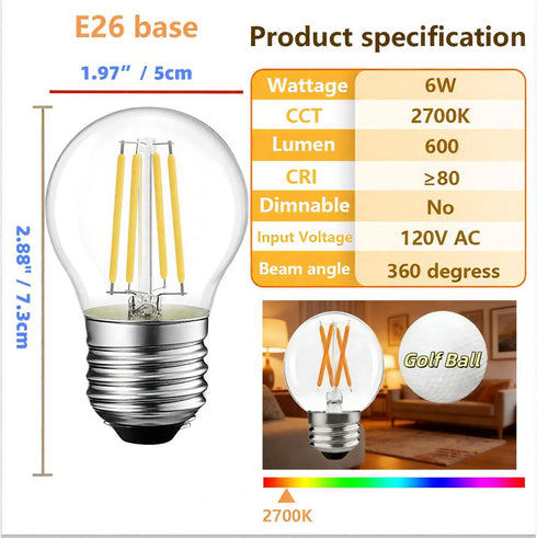 Achbeah Non-Dimmable 60W g16.5 Bulb E26 2700K 6W 60 Bulb G50 Bulb Edison - Equal Watt Warm White Light Globe for Front