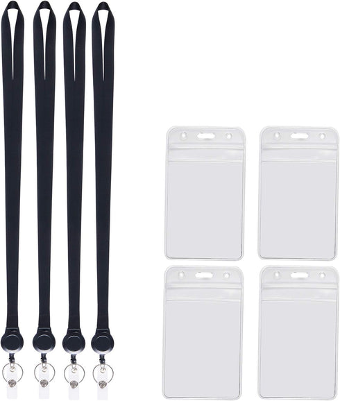 YOUOWO Lanyards Black with Retractable Badge Reel and Vertical ID Badge Holder, Waterproof (4 Pack)