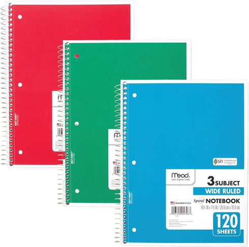 Mead 3 Subject Spiral Notebooks, Wide Ruled, 120 Sheets, 10-1/2" x 7-1/2", Red, Green, Blue, 3 Pack