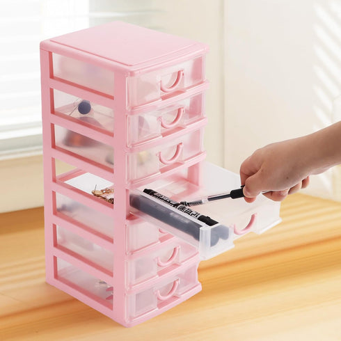 Rempry Mini Plastic Organizer with 7 Clear Drawers, 7.1"x5.1"x13.2" Small Storage Drawers Containers for Desk, Counters, Cabinets, Pink by Rempry