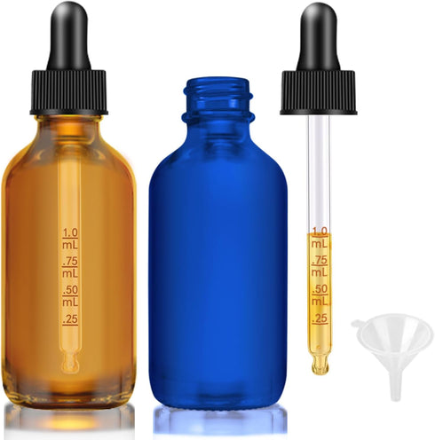 Glass Dropper Bottles, 2 oz Amber and Blue Bottles for Essential Oils with Funnel, Labels & Pipette, 2 Pack