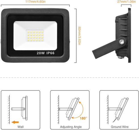 20W IP66 6500K 1400Lm 120 LED Flood Lights Outdoor, Waterproof Security Lights Fixture, Hardwired Wall Lamp, Ultra Thin