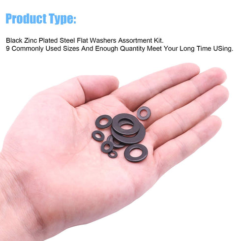 DYWISHKEY 700 Pieces Black Zinc Plated Steel Flat Washers Assortment Kit (9 Sizes M2-M12)