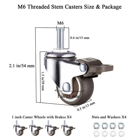 1 Inch Caster Wheels with M6 Threaded Stem - Set of 4 Small Swivel Casters with Brakes for Furniture and Shopping Carts