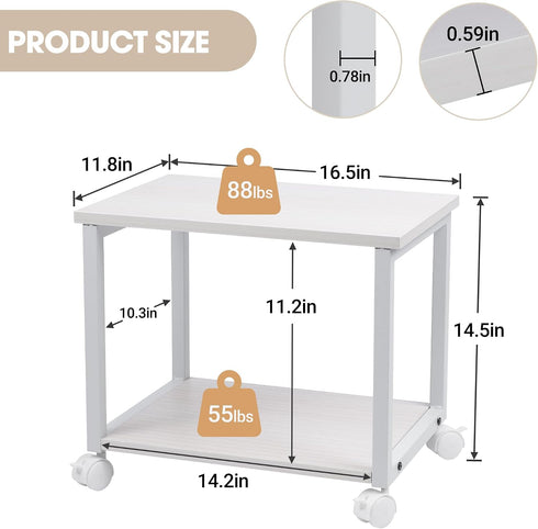 Cakokow 2-Tier Under Desk Printer Stand - Industrial Mobile Printer Table with Storage Shelf, Heavy Duty Wood Rolling