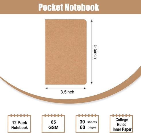 EOOUT 12 Pack Little Notebooks Pocket Notebooks, 3.5" x 5.5" Softcover Mini Notebooks, Small Brown Notebook Memo Note Pads for Men Women Kids Traveler Author, 30 Sheets, 60 Lined Pages by EOOUT