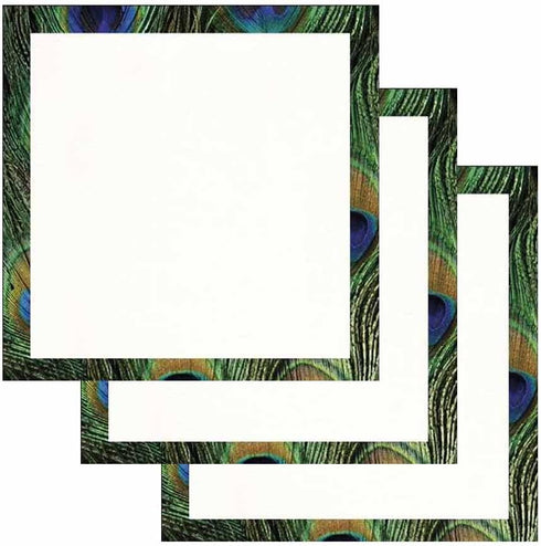 Set of 3 Peacock Print Border Sticky Notes, Wildlife Bird Theme, Paper Memo Pad for Office and School