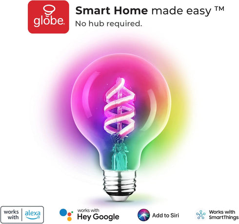 Globe Electric 35851 Wi-Fi Smart 7W (60W Equivalent) Spiral Filament Multicolor Changing RGB LED Light Bulb, No Hub
