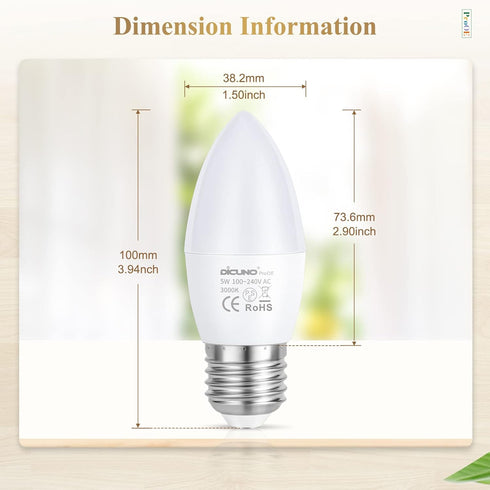E26 Bulb, 98, 5W E26 Bulb, 3000K, C37 40W Non-dimmable 2 Pack DiCUNO ProOE Eye-Protected LED High CRI Candle Warm White