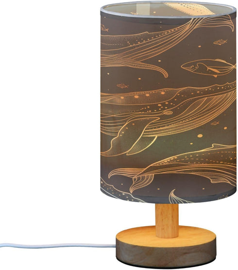 ALAZA Gold Whale Bedside Table Lamp with USB Port for Bedroom Nightstand Lamps Night Light Linen Fabric Shade Cylinder