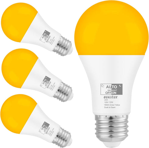 Dusk to Dawn Bug Light Bulbs Outdoor, 1900K Amber Yellow, 800 Lumen, 12W A19 E26, 4-Pack HQ-H020
