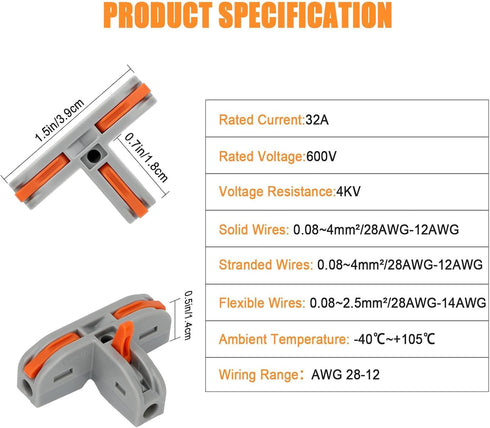 EEEKit 30Pcs Compact Wire Conductor Connector, T-Shape Lever Nut Wire Connector, Quick Splitter 3 Way Electrical Connectors, AWG 28-12