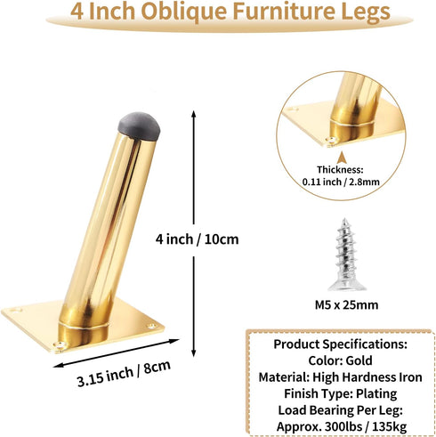 Bivethoi 4PCS 4 Inch Oblique Furniture Legs Sofa Legs, Mid-Century Couch Legs Tapered Chair Legs, Metal Ottoman Legs
