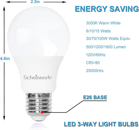 3-Way Light Bulbs 30 70 100 Watt Equivalent, Perfect for Reading, Standard A19 Indoor Led Bulb Warm White 3000K, 15 Watt Energy Efficient Bulb, 1600 Lumens, 2Pack by Scheinenda