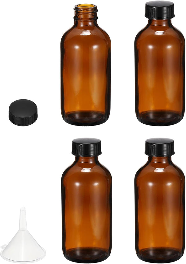 PATIKIL 4oz (120ml) Glass Sample Bottles, 4Pcs Round Dispensing Bottles with Black Poly Cone Cap, Funnel, Dropper, Amber