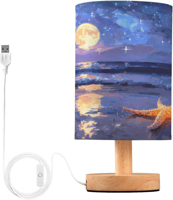ALAZA Moon Starfish Beach Oilpaint Bedside Table Lamp with USB Port for