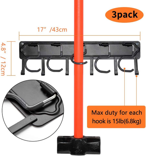 YueTong All Metal Garden Tool Organizer, Heavy Duty Adjustable Wall Mount Holder with Hooks (3 Pack)