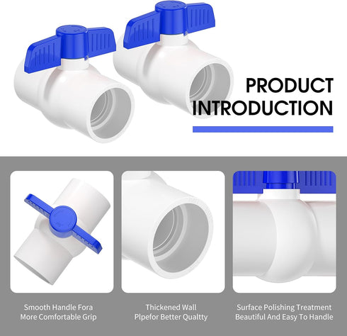 2PCS 2" PVC Ball Valve, SCH40 Slip PVC Water Pipe Valve with Easy Turn Blue T-Handle