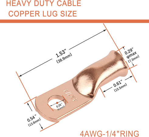 RIOCAN 10pcs 4 AWG-1/4” Ring Terminals - Heavy Duty Battery Cable Connectors