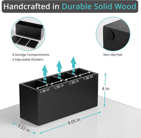 Pencil Pen Holder for Desk, Wooden Office Organizers with 4 Slots for Countertop, Makeup Brush Holder, Black
