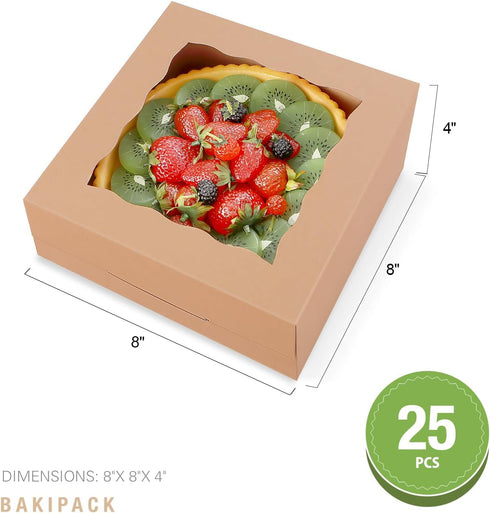 25 Kraft Bakery Boxes with Window, 8x8x4 Inches for Pastry, Cupcake, Cookies, Muffins, Pie