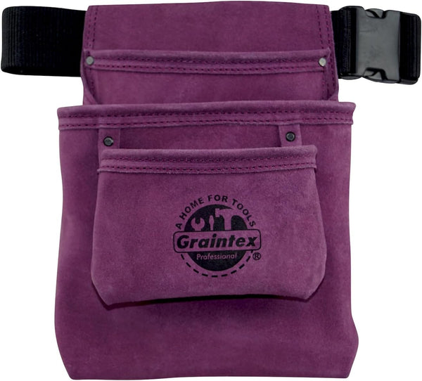 Graintex SS2082 3 Pocket Nail & Tool Pouch, Purple Suede Leather with 2 Webbing Belt for Handymen