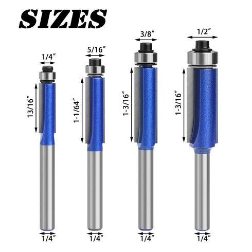 BENESOON 4PCS Set 1/4 Inch Trimming Flush Trim Router Bit Shank Carbide Tip Top Bearing Flush Cut Router Bit Edge