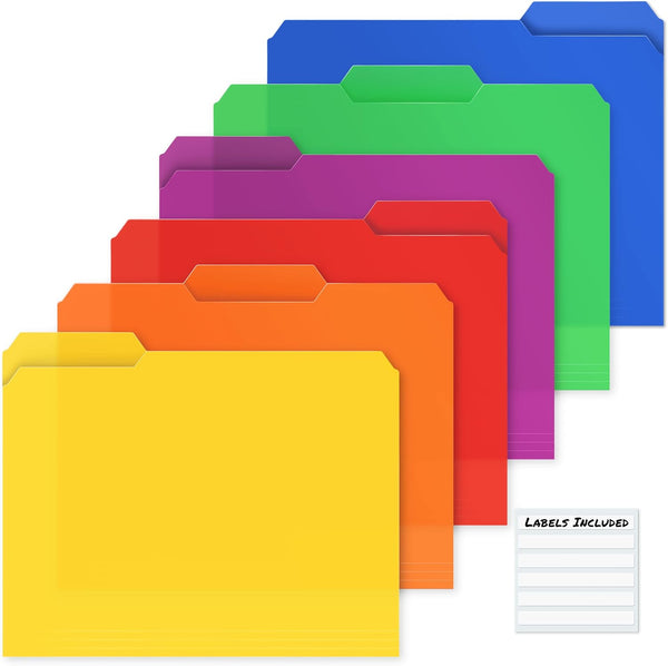 Plastic Colored File Folders - 6 Pack, Sturdy 1/3 Tab Letter Size Assorted Manila Folders