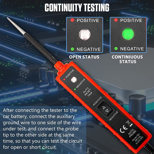Power Circuit Probe Tester with Overload Protection, Polarity Identify Continuity Short Circuit Tester, 6-24V