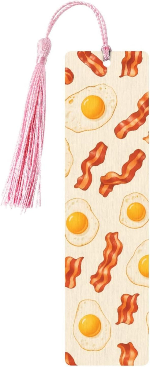 ZEYARUIBO Fried Egg & Bacon Wood Bookmark Vintage Fun Cartoon Patterns with Tassels
