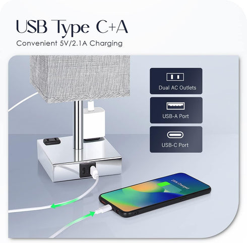 3 Dimmable Bulb Soilsiu Bedside Lamp with USB Ports - Touch Control Table Lamp for Bedroom with USB C+A Charging Ports