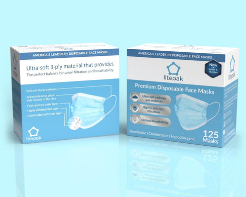 125-Pack Litepak Disposable Face Mask Premium Comfort Earloops with Dispenser Box