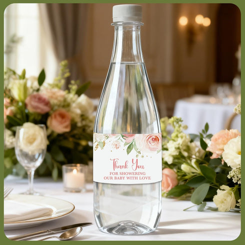 KongMoTree 100 Pcs Baby Shower Water Bottle Labels, Personalized Water Bottle Labels, Baby Shower Sticker, Pink Floral