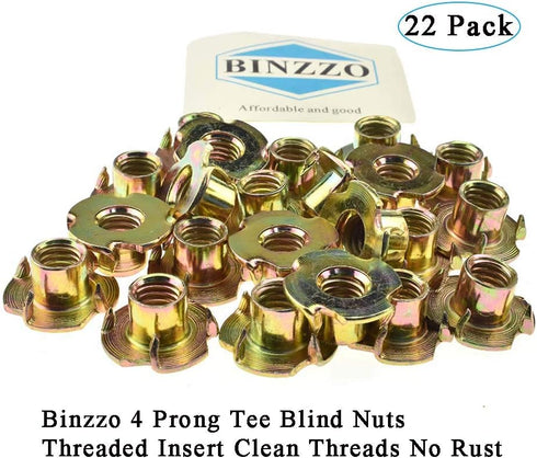 22 Pack 3/8 Inch-16 X 7/16 Inch T Nut 4 Prong Tee Blind Nuts - Carbon Steel Zinc Plated for Wood
