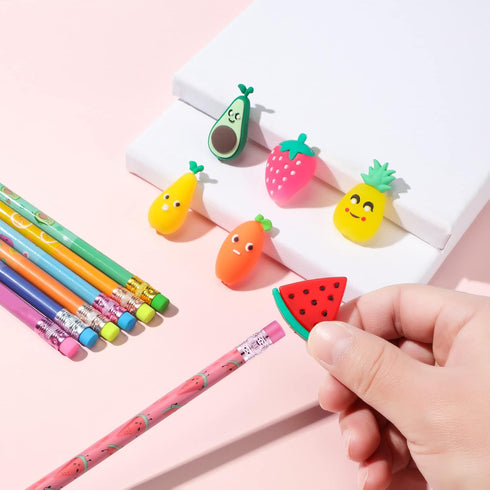 Leinuosen 30 Pieces Scented Pencils with 12 Eraser Cartoon Toppers, Fruit Element Graphite Pencils