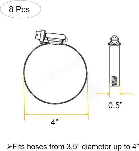 8 Pieces 4" Adjustable 304 Stainless Steel Duct Clamps - Hose Clamp Pipe Clamp for Air Ducting