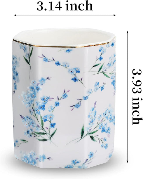 Pencil Holder for Desk Organizer, Ceramic Floral Pattern Storage for Writing Utensils, Makeup Brush Holder - Blue